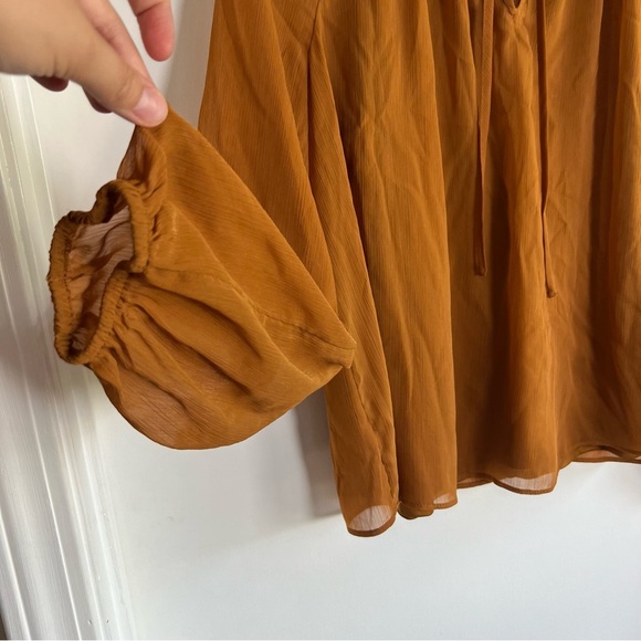 Simply Vera Burnt Orange Tie Neck Balloon Sleeve Shirred Blouse, Size Medium - Picture 4 of 9